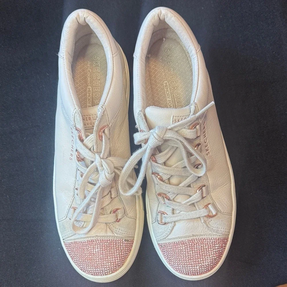 Skechers Street Los Angeles Cream Leather Pink Rhinestone Toe Sneakers Rose Gold - Picture 3 of 7